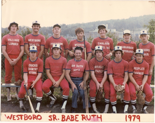 1979 Westborough Senior Babe Ruth Baseball.
Front L-R: S.Romer, T.Donovan, Mgr. M.Whittles, J.Revene, B.Romer, S.Arnold.
Back L-R: D.Montgomery (co-Capt), T.Gillis (co-Capt), C.Oberg, C.Lyman, D.Forbush, K.Newton, W.Whittles