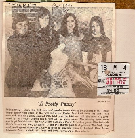 1974 WJHS Penny Drive.  L-R: Bruce Edwards, Donna Nichols, Jill Jones, Lynn Perry.